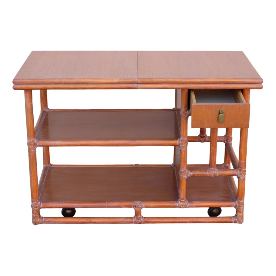 Authentic Marked McGuire Bamboo Rattan Rolling Sliding Adjustable Top Server MCM - Image 2 of 4