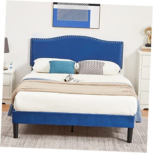 Full Bed Frame with Upholstered Headboard and Durable Platform Design