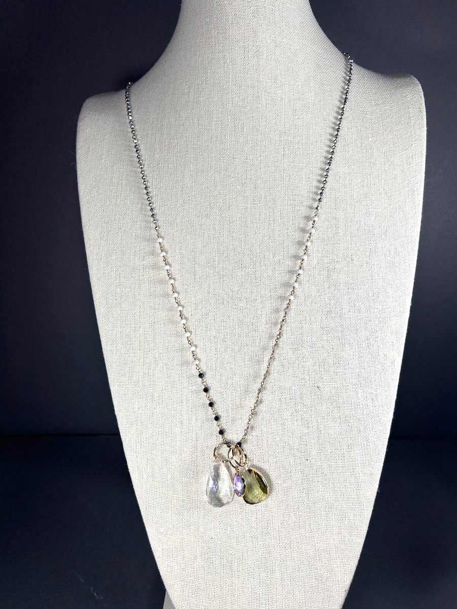 NECKLACE ANTHROPOLOGIE SERAFINA THREE RHINESTONES DANGLE WHITE