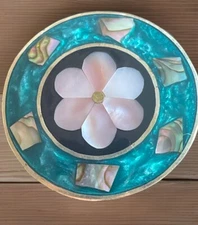 Vintage Round Alpaca Mexico Abalone Mother Of Pearl MOP Inlay Flower Brooch U28
