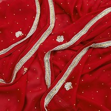 Vintage Red Dupatta Pure Georgette silk Long Stole Hand Embroidered Scarves Veil
