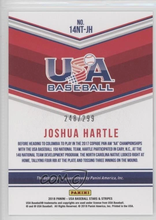2018 Panini USA Baseball Stars & Stripes /299 Joshua Hartle #14NT-JH Auto - Image 2 of 2