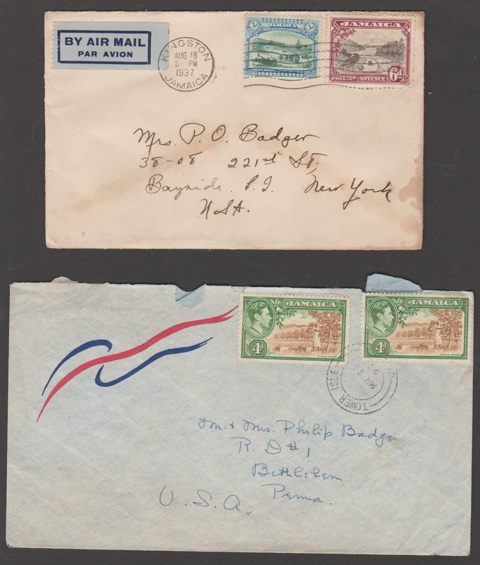1937 & 1956 JAMAICA  AIRMAIL COVERS TO U.S.  POSTED KINGSTON & TOWER ISLE