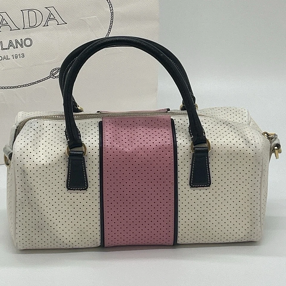 PRADA Mini Boston Punching Bowling Bag Tote Handbag Cream White Pink Leather - Image 4 of 4