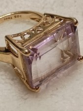 Large EW Emerald-Cut Amethyst 925 Silver With Gold Wash Statement Ring - Size 5