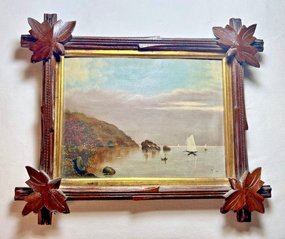 Antique 19th c. American Hudson River School Oil Painting Original Walnut Frame