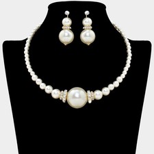 Faux Pearl Necklace and Earring Set Gold-Tone Rhinestone Bridal Jewelry