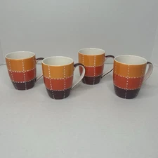 Set of 4 Harry And David Coffee Mugs Tea Cups Orange Plaid 10 oz Thailand