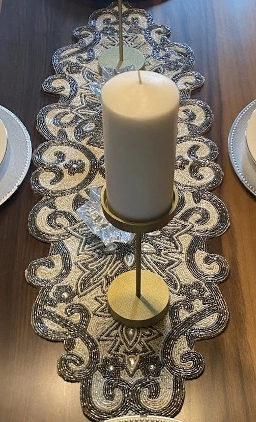 Pier One Beaded & Rhinestone White & Silver Holiday Table Runner 12 X 39 Read - Image 3 of 4