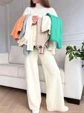 Women’s Knitted 2-Piece Set Turtleneck Sweater & High Waist Straight Pants