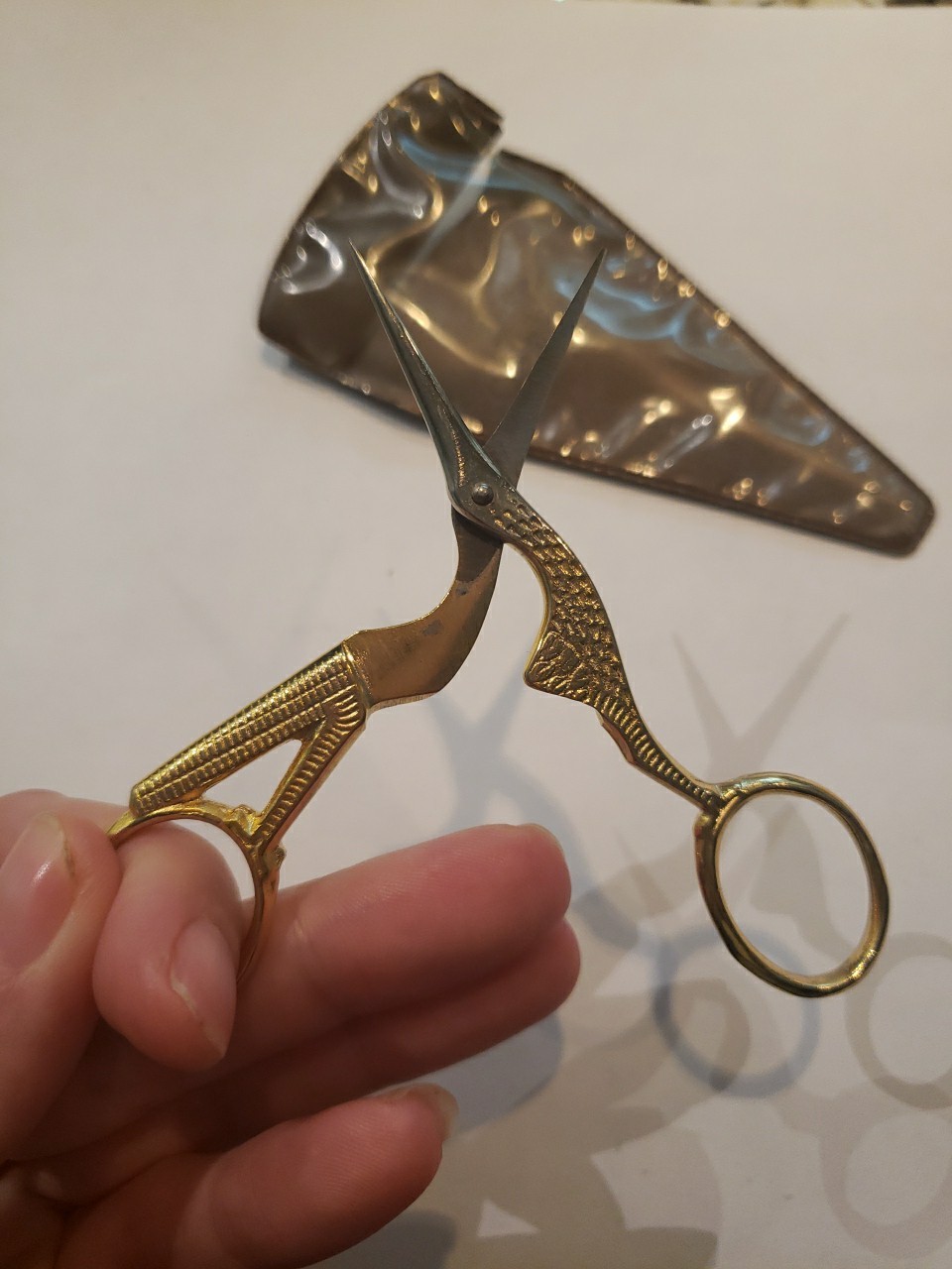 Embroidery Scissors Stork Birk Gold tone finish marked Italy vtg in plastic case