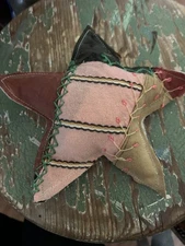 Primitive Stitchery  Antique Crazy Quilt Star Ornie with Rusty Pin  Christmas 7"