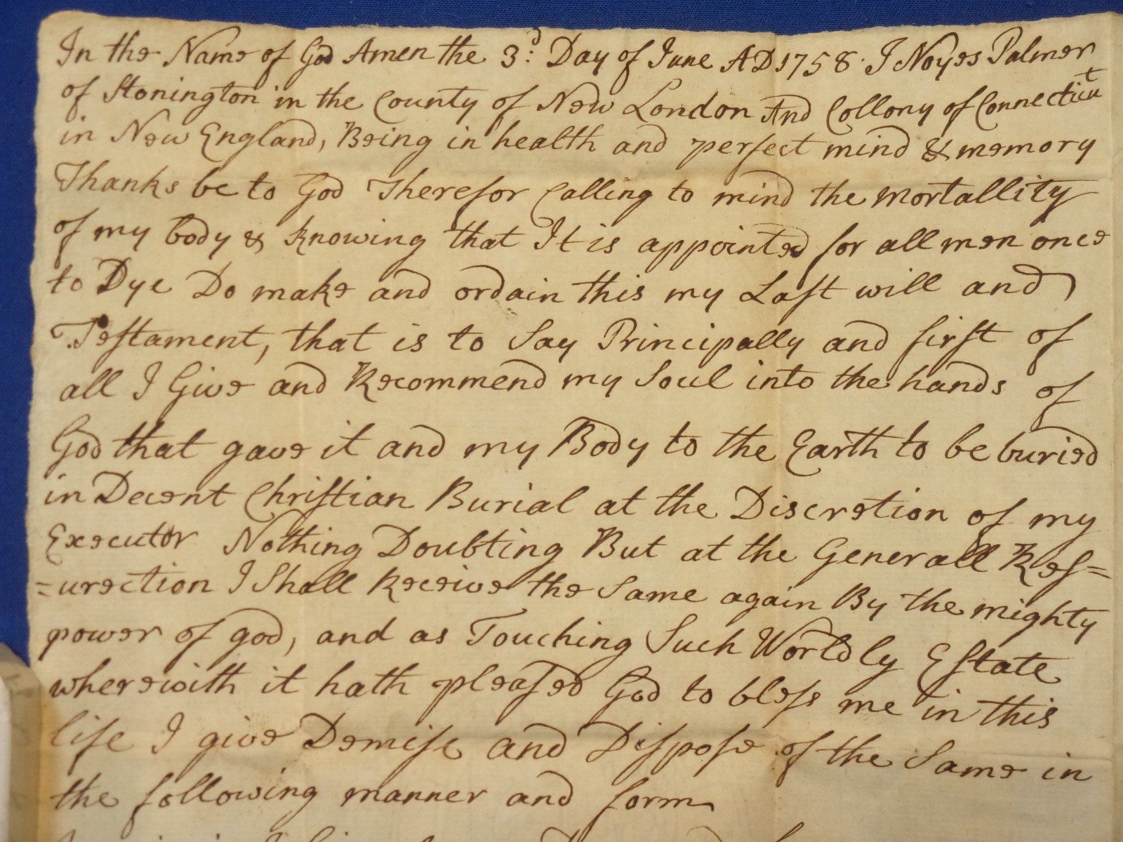 1758 Manuscript: LAST WILL & TESTAMENT OF NOYES PALMER OF STONINGTON Connecticut