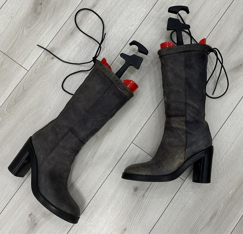 Ann Demeulemeester Distressed Gray Leather Knee-High Boots Lace-Up Size 40 Italy