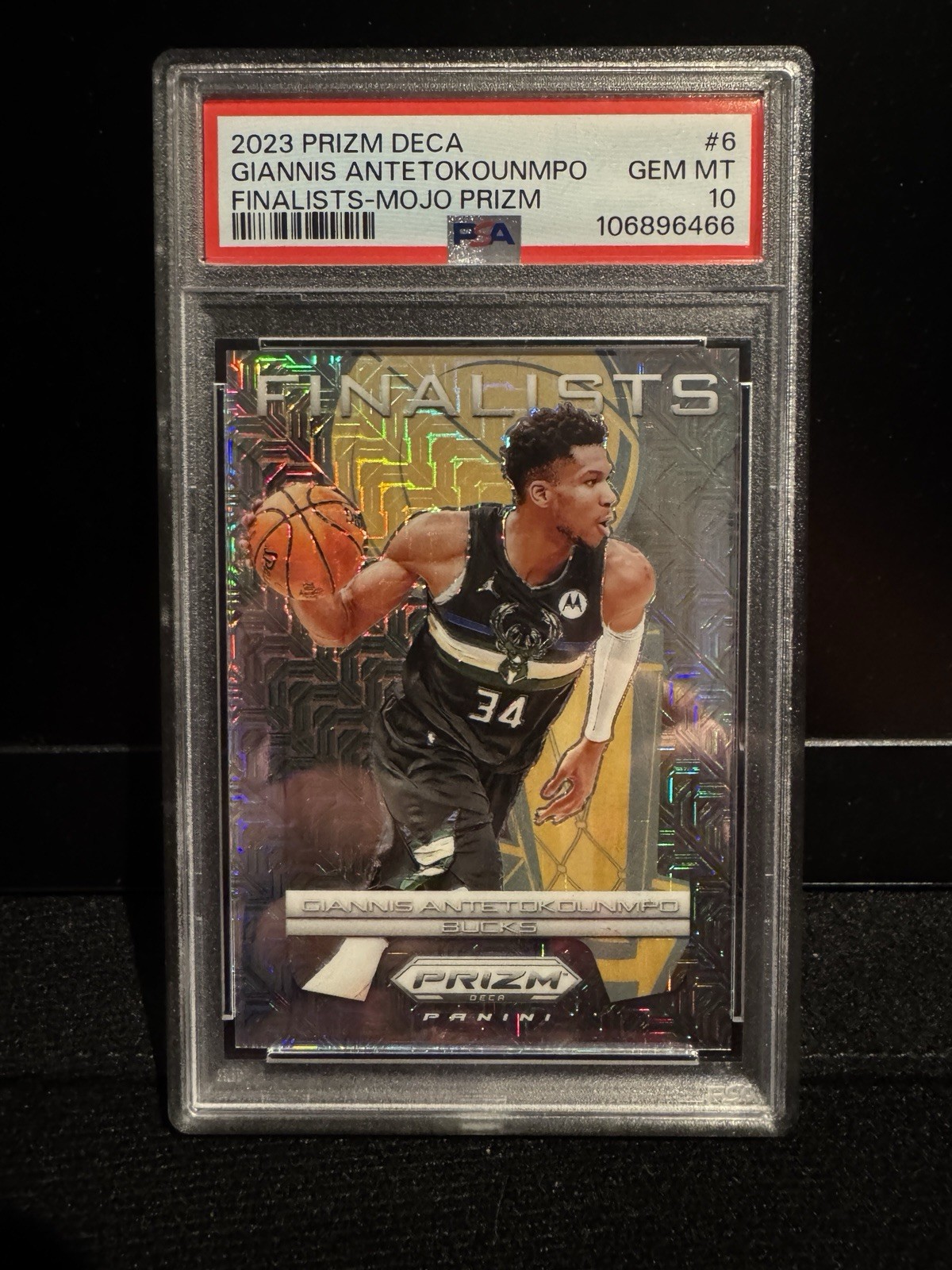 2023 Panini Prizm Deca Finalists Giannis Antetokounmpo #6 Mojo Prizm /25 PSA 10
