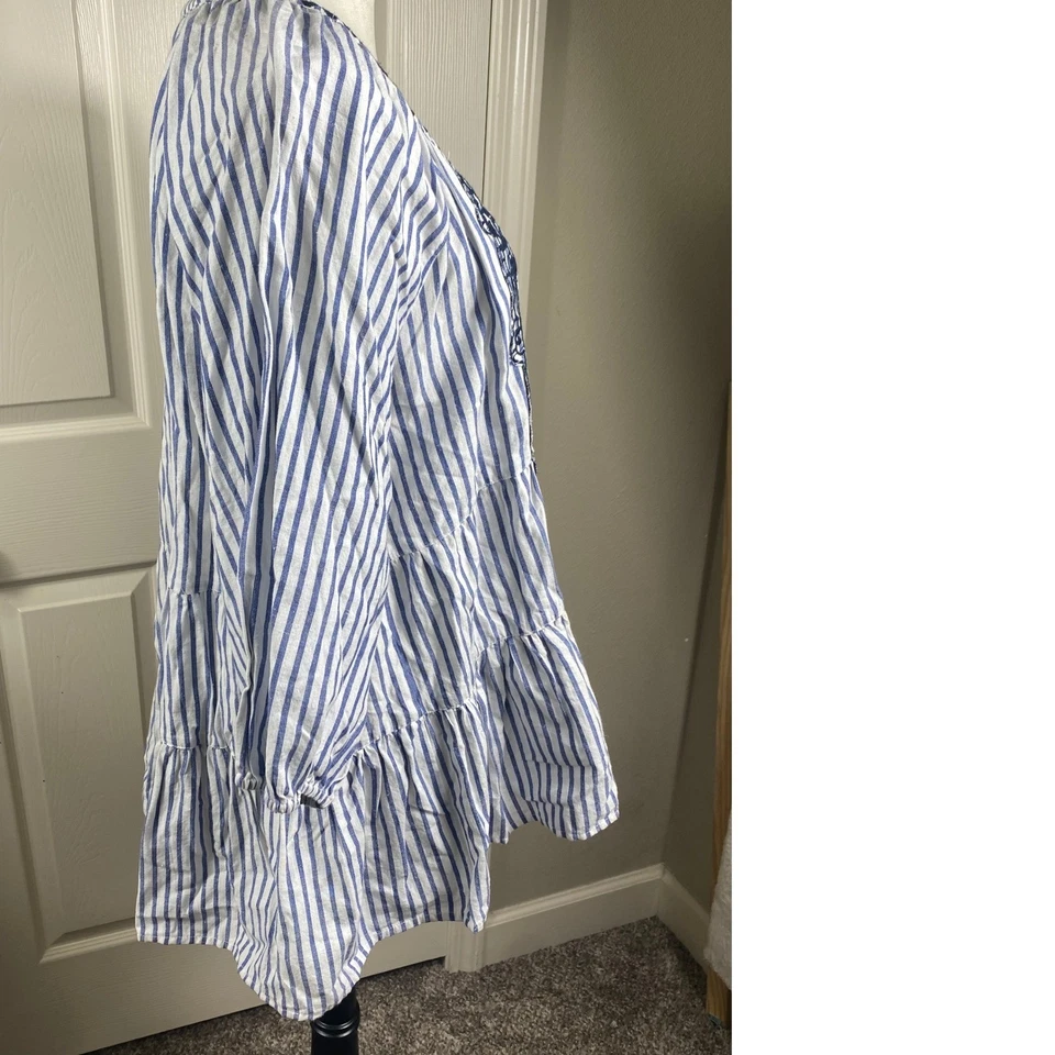 Túnica para mujer Melissa Paige M mezcla de lino azul a rayas en capas costera fresca boho Foto 2 de 4