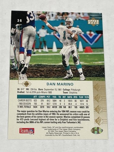 1994 SP Football #36 - Dan Marino - Miami Dolphins - Picture 2 of 2