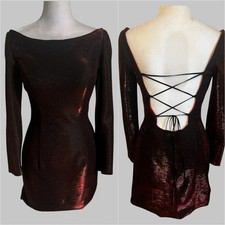Sherri Hill Long Sleeve Formal Mini Dress Red Black Shimmer Lace Up Back 52978 