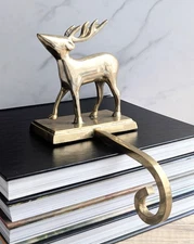 Vintage Solid Brass Deer Reindeer Long Arm Stocking Holder Christmas Decor