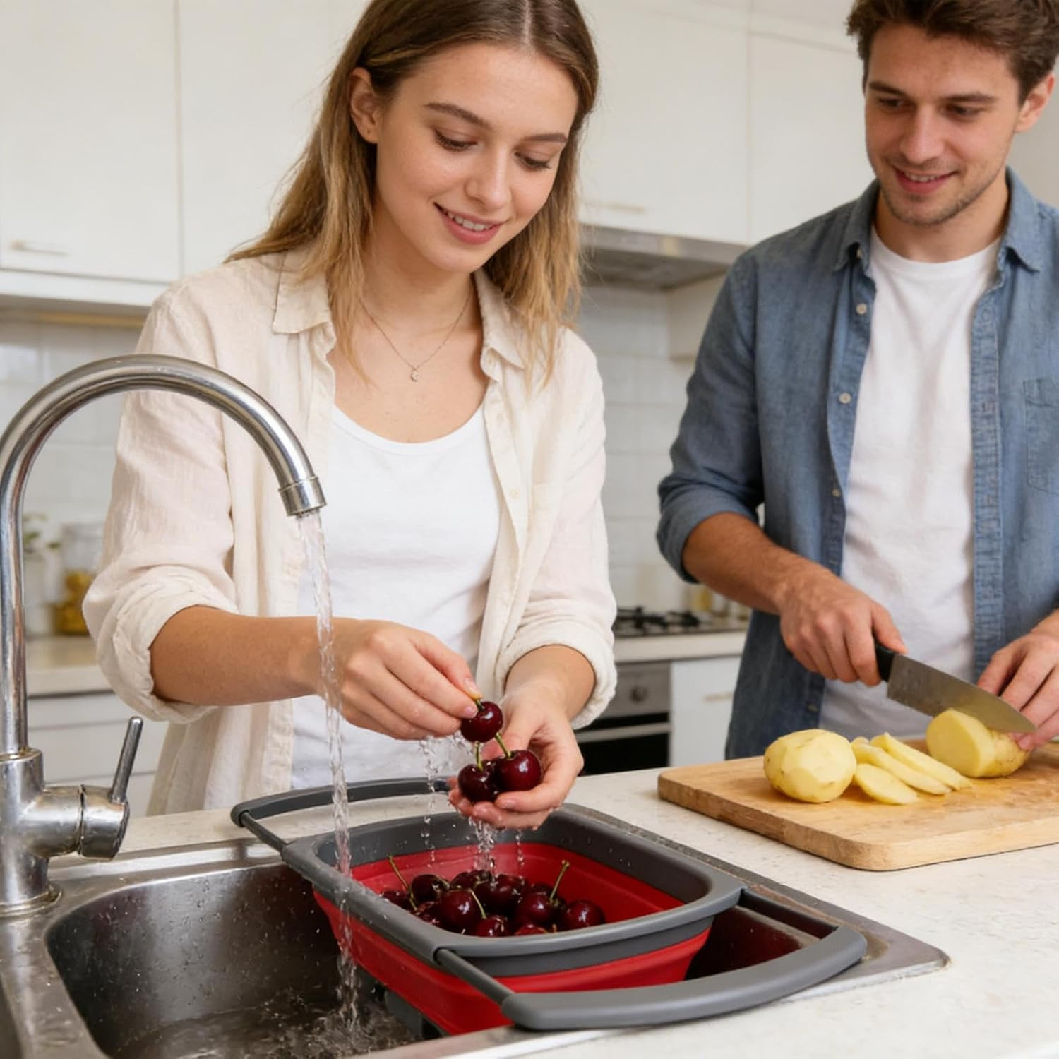 Passoire de cuisine rectangulaire rétractable pour libérer vos mains lors du rinçage