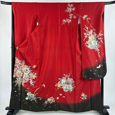 JAPANESE KIMONO FURISODE RED 163cm 5 ft 4 in PURE SILK FF8846