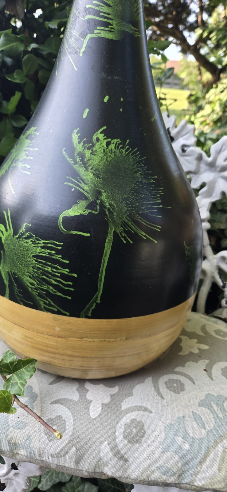 Wood Vase Black With Green Splashes And Tan. 16.5"TallX12"Wide. Urn Jug  Unique 