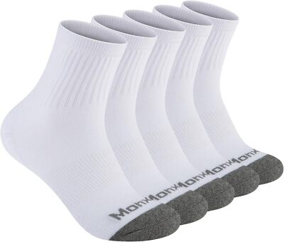 Mens 100% Cotton Cushioned Ankel Socks, Athletic One Size, 5 Pairs White 