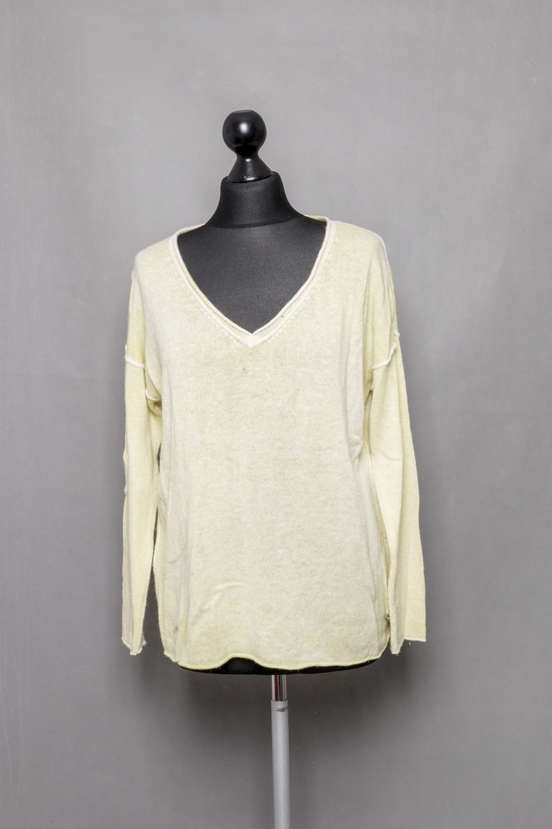 Grace Cashmere Damen Pulli Pullover L gelb leicht V-Ausschnitt pur