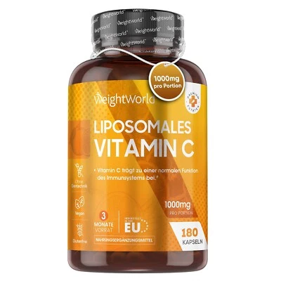 WEIGHTWORLD Liposomales Vitamin C - 180Kapseln - Kollagen für Haut Knochen & Gelenke - Vegan