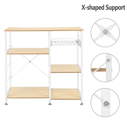 4-stufiges Küchen-Aufbewahrungsregal - ausziehbarer Korb, 5 Haken & weißes Mikrowellenregal - Bild 12 von 21