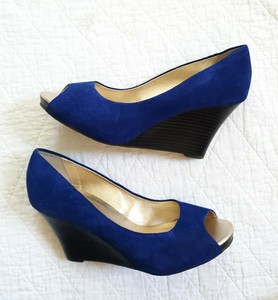 blue suede wedge shoes