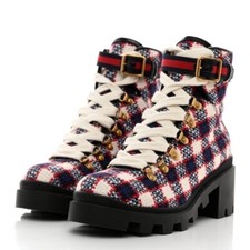 GUCCI Vintage Tweed Check Lace Up Combat Ankle Boots White Hibiscus Red Marine