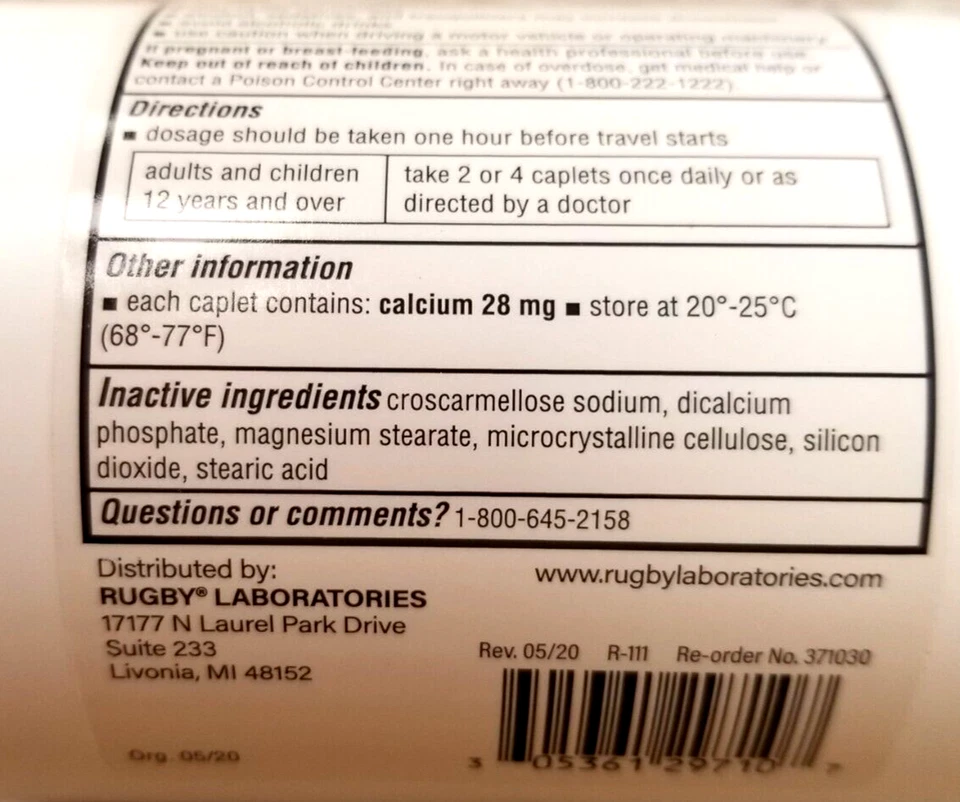 Rugby Meclizine 12.5mg Nausea Motion Sickness Caplets 1000ct -- - Image 2 of 2