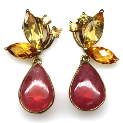 925 Sterling Silber Rot Rubin,Citrin & Saphir Ohrringe 18K Vergoldet - Bild 1 von 4