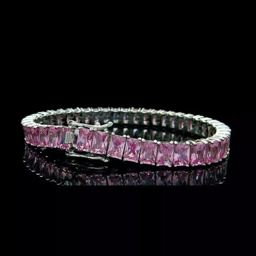 15CT Radiant Cut Lab Created Pink Sapphire Tennis Bracelet 14k White Gold Plated - Picture 2 of 7