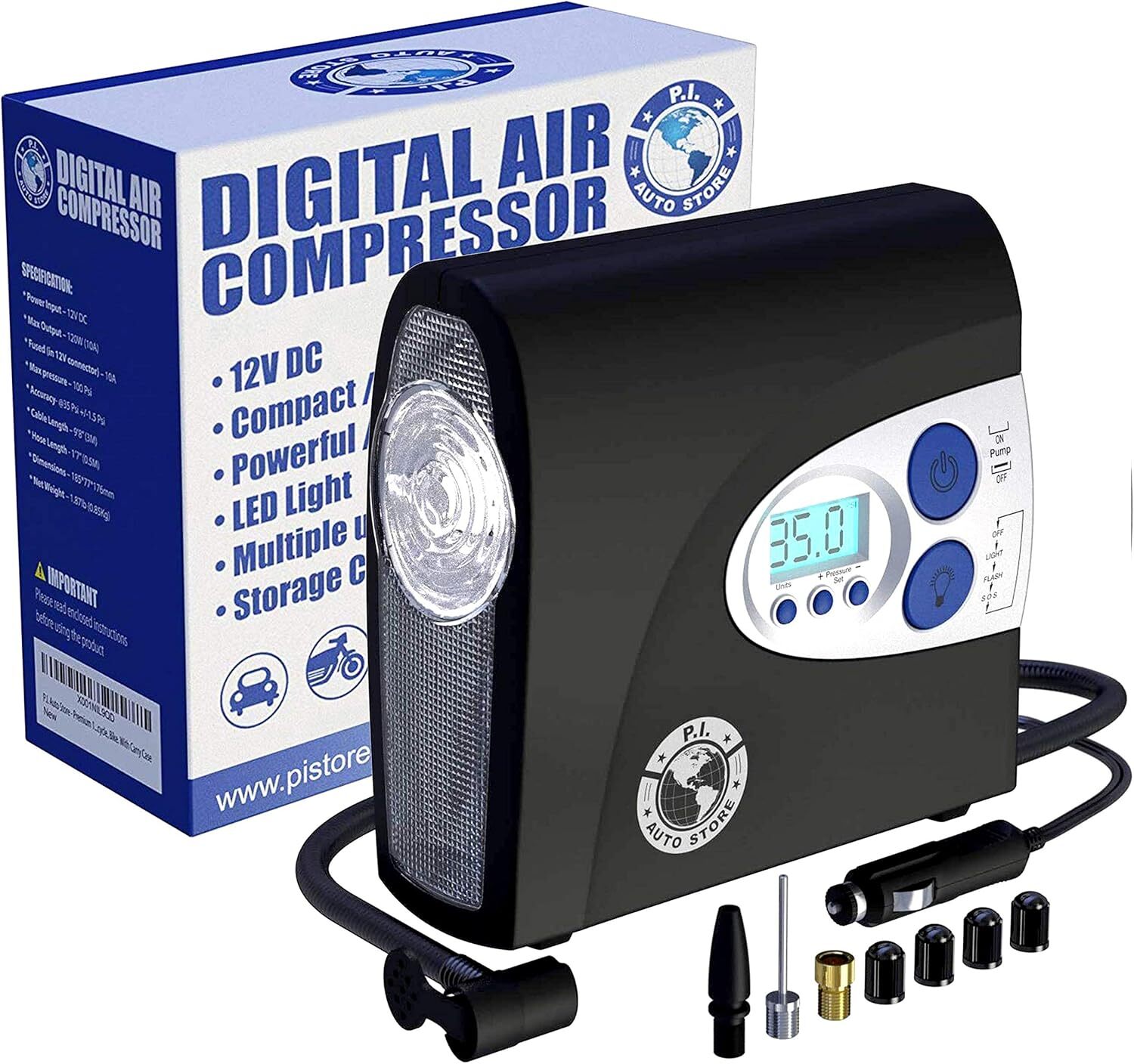 PI Auto PIAS002 Digital Air Compressor w/Pressure Gauge, Portable, 38L Capacity