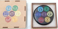Black Tourmaline Coaster Embossed signs Reiki Chakra Coaster with Wooden Box