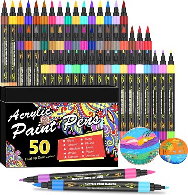 100 Colors Acrylic Paint Markers Pens Set 50 Pack Dual Tip with Brush Tip & Fine
