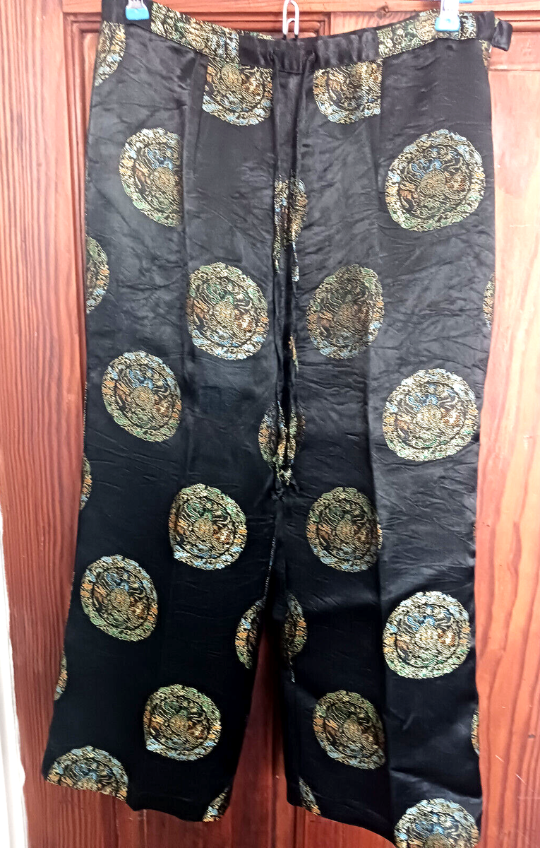 Black Satin Chinese Print Drawstring Crop Pants, Women's XS Black Satin Chinese Print Drawstring Crop Pants, Women's XS