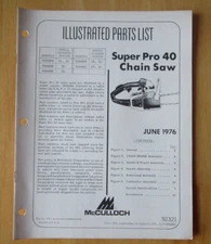 1976 McCulloch Super Pro 40 Chain Saw Parts List Manual
