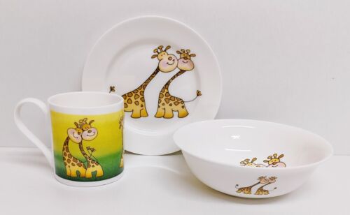 Entzückende Giraffen Frühstücksset Feinchina 6,7" 17 cm Teller Becher & Schüssel Kinder - Bild 1 von 10