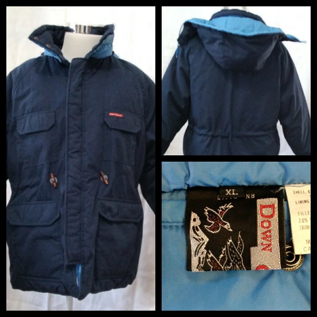 Down Country Jacket Men XL Navy Hooded Full Zip w/ Toggles Vintage 1980's #J4246