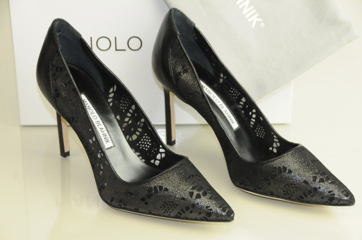 NEW Manolo Blahnik BB 90 Laser Cut Black Leather Lace Pumps Shoes