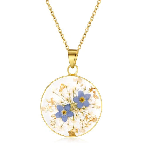Forget-Me-Not and Queen Anne'S Lace Pressed Wildflower Necklace | Gold Pressed F