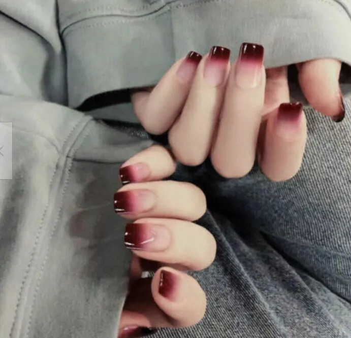 Goth Dark Red Ombre Press On Nails nude Short French tip glue on