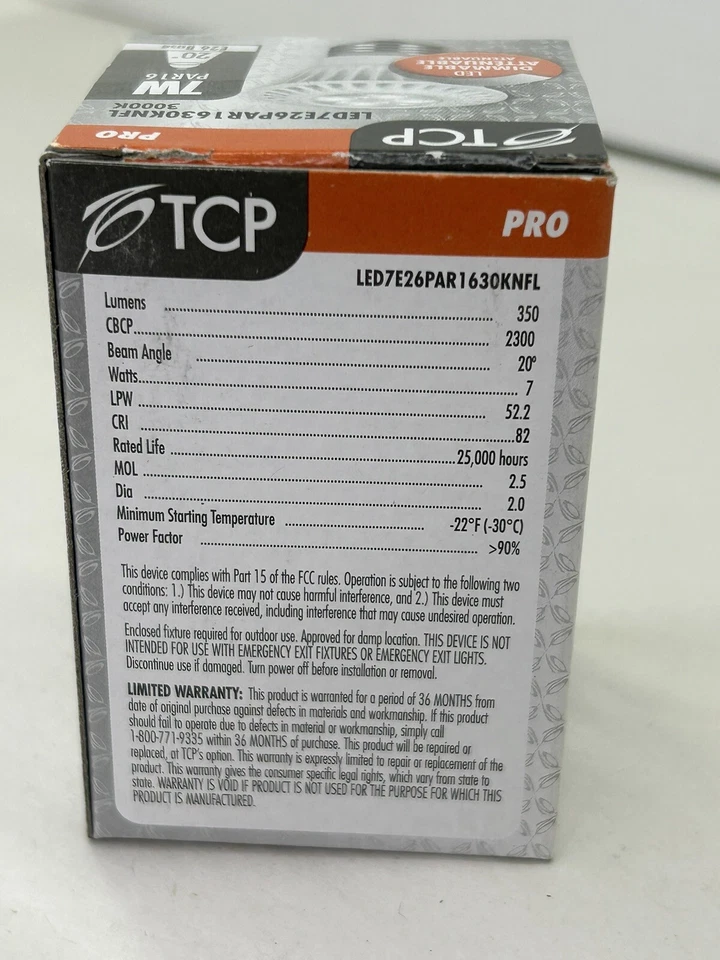 TCP Dimmable PAR16 LED Lamp Floodlight, 7W, 3000K, 350LUM. E26 base 120V 20 Deg - Image 3 of 4