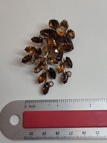 Vintage Gold Tone Brooch Pin Fall Colors Rhinestone Cluster 2.5" - Picture 2 of 10
