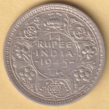 BRITISH INDIA 1945 KING GEORGE VI 1/4 RUPEE RARE SILVER COIN