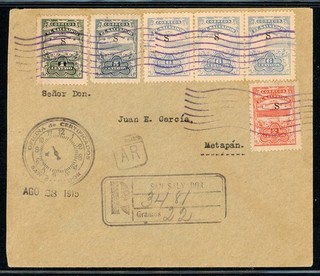 EL SALVADOR Postal History: LOT #5 1915 REG AR 26c "S" OVPT ERROR to METAPAN $$$