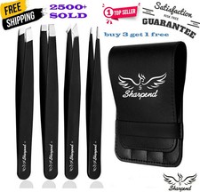 SHARPEND Tweezers Set 4-Piece Professional Stainless Eyebrow Hair Pluckers Case